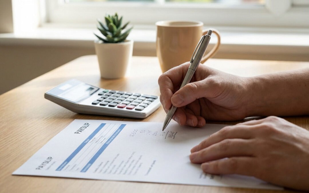 Close-up of hands with a metallic pen writing on a payslip on a light wood desk. A calculator, succulent, and mug are in the soft-focused background.