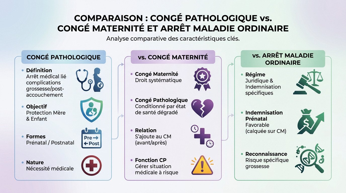 Tableau comparatif des différences entre congé pathologique, congé maternité et arrêt maladie ordinaire