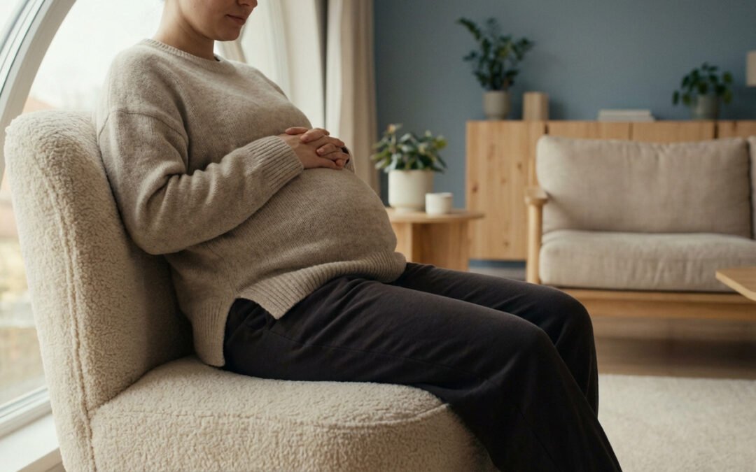 A pregnant individual sits comfortably in a modern, softly lit home, hands gently placed on their belly, near a large window.