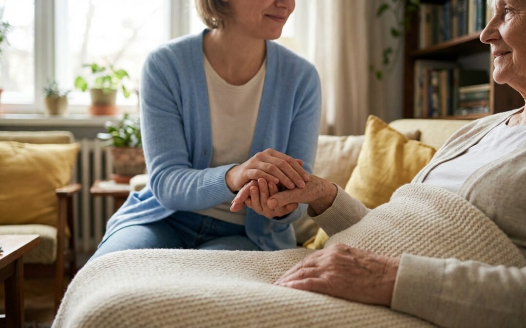 A younger adult gently holds an older adult's hand in a warm, softly lit home, conveying compassion and peace.