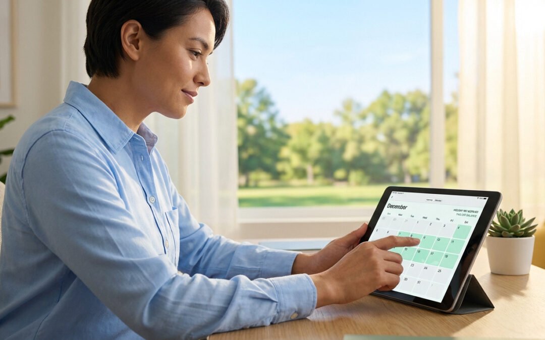 A woman in a blue shirt plans holidays on a tablet, with green dates highlighted, in a bright office with an outdoor view and a plant.