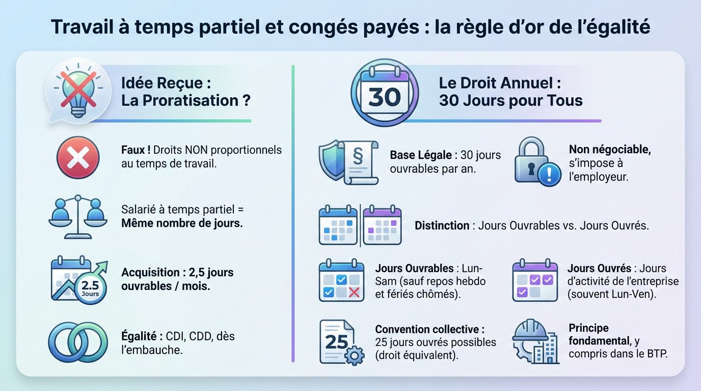 Infographie illustrant l'égalité des droits aux congés payés entre salariés à temps partiel et temps plein