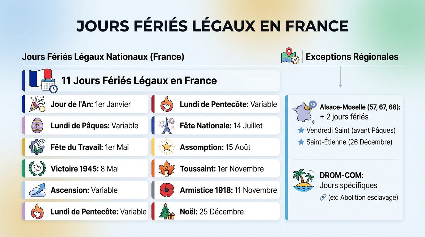 Calendrier illustrant les jours fériés légaux en France