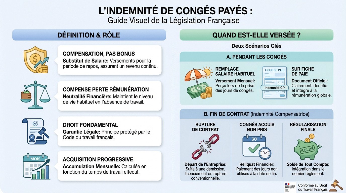 Schéma explicatif du calcul de l'indemnité de congés payés et de son versement sur la fiche de paie