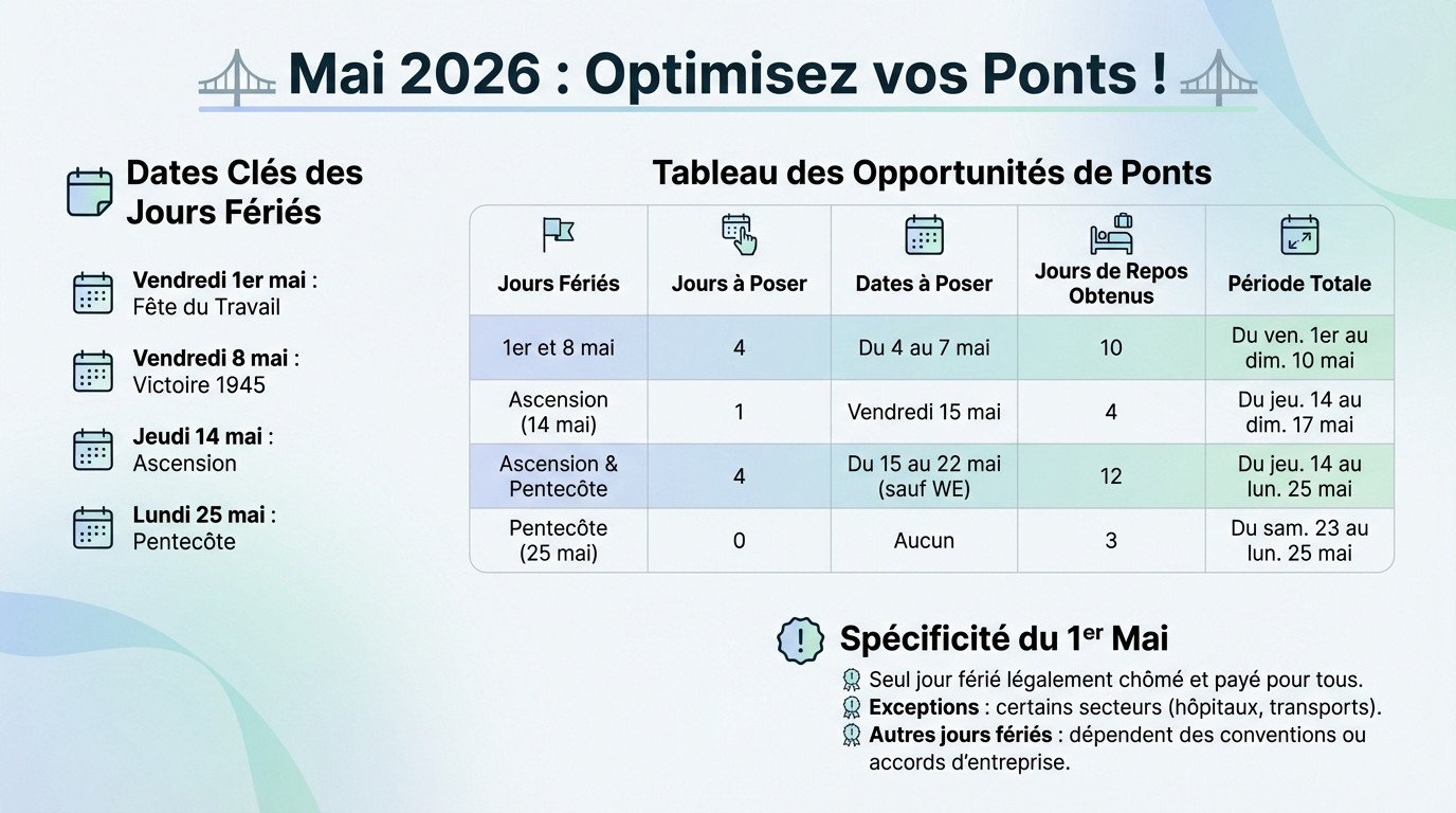 Calendrier optimisé des ponts de mai 2026 pour poser ses congés