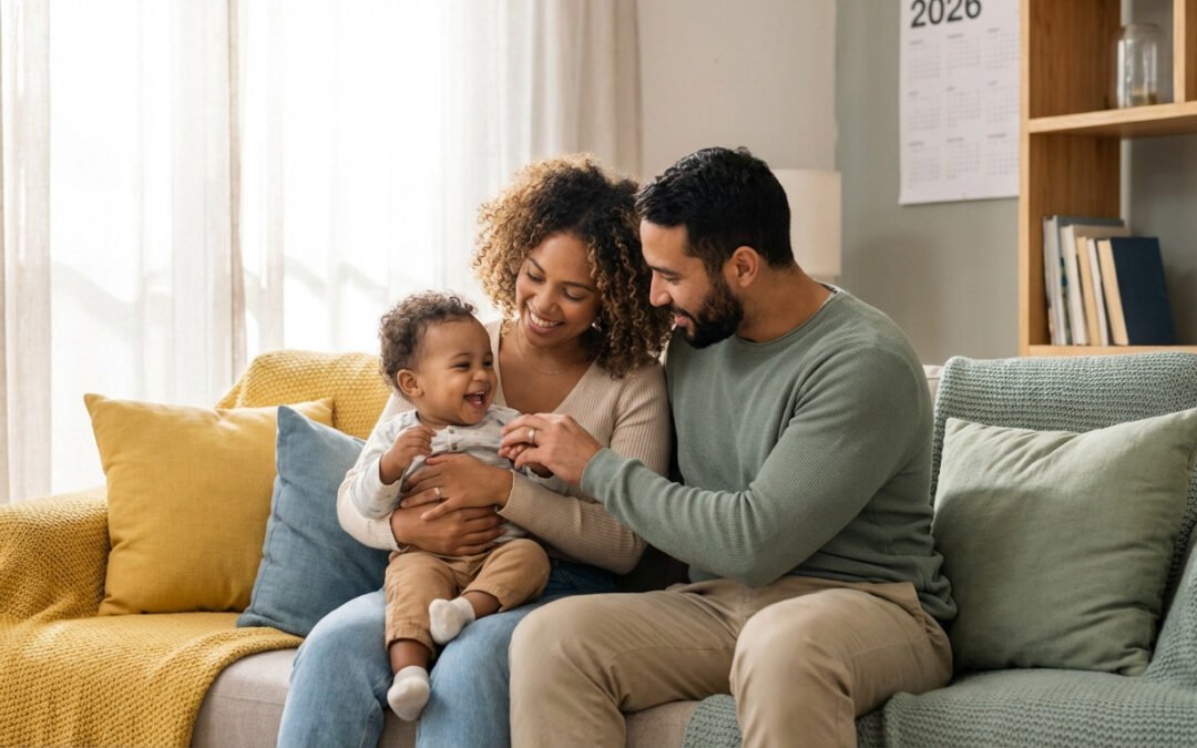 A diverse couple, adoptive parents, joyfully interacting with their baby in a warm, sunlit home. A 2026 calendar hangs nearby.