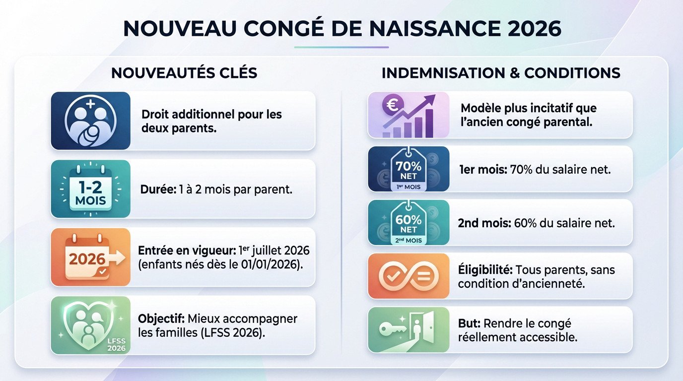 Parents profitant du nouveau congé de naissance 2026 avec leur bébé