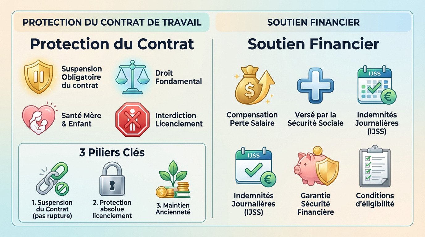 Femme enceinte consultant ses droits concernant la protection et le soutien financier du congé maternité