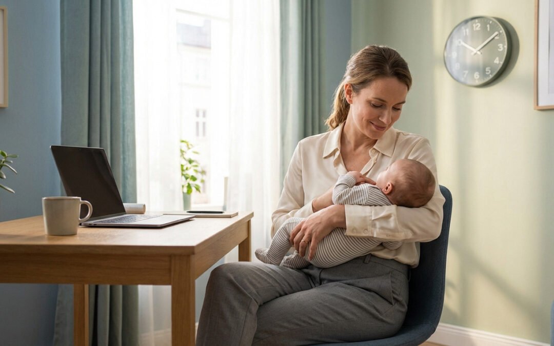 A professional mother in smart-casual attire gently cradles her infant in a warm, sunlit home office with a laptop and wall clock.