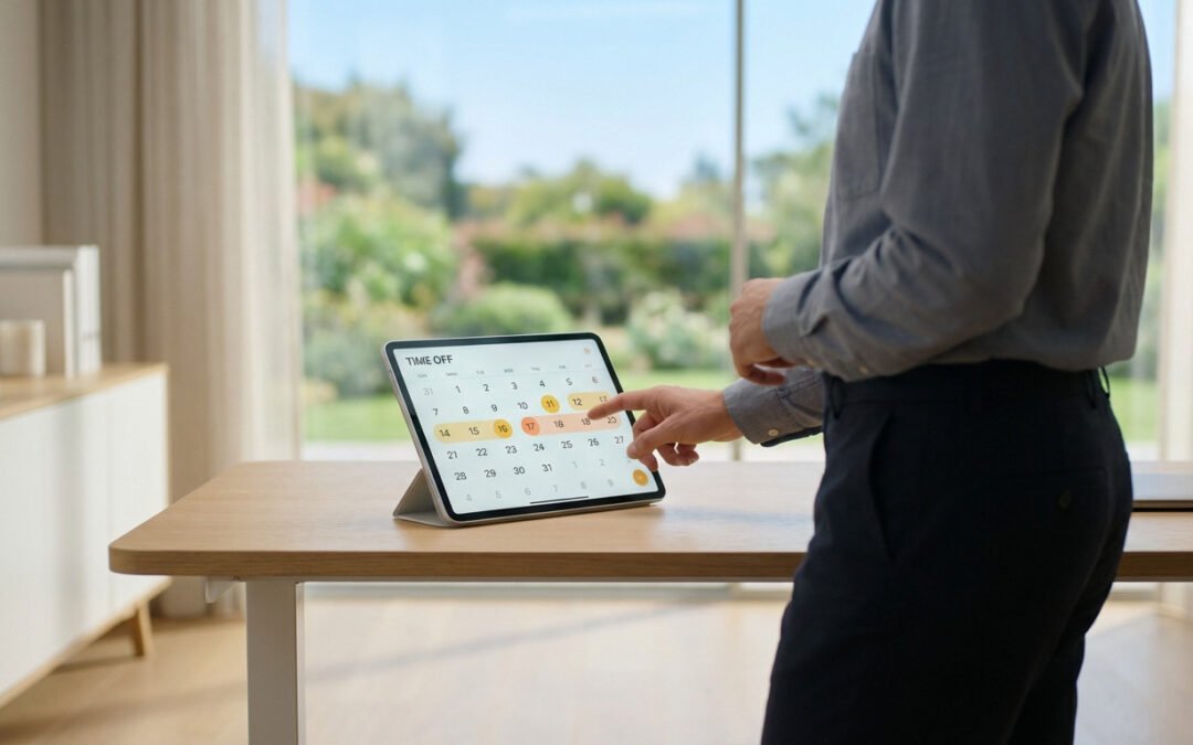 A person plans time off on a digital tablet with highlighted dates, in a modern office with a bright window view of nature.
