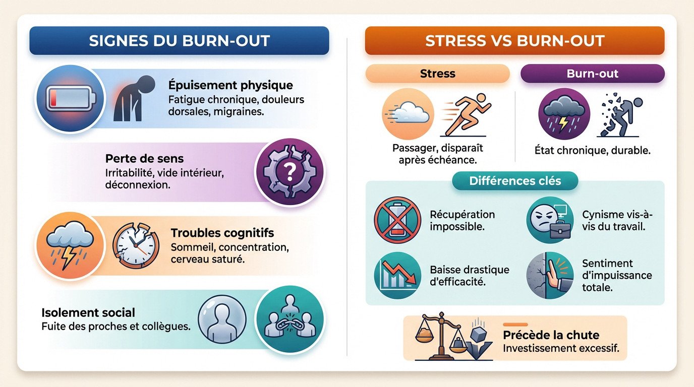 Schéma illustrant les différences entre le stress et le burn-out ainsi que les signaux d'alerte
