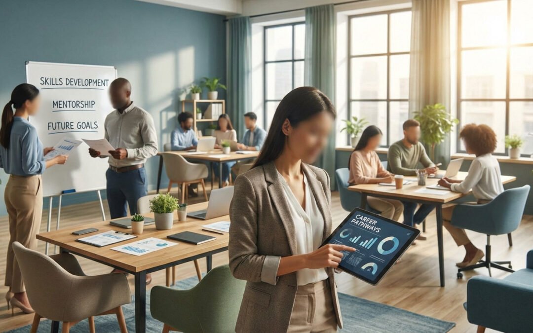 Diverse professionals in a modern office. A woman views 'Career Pathways' on a tablet; others discuss 'Skills Development' at a whiteboard.
