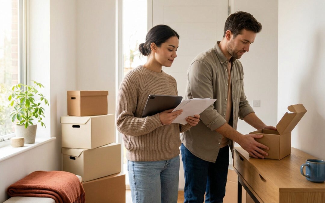 Un couple gère son déménagement, la femme avec documents et tablette, l'homme avec un carton, dans un intérieur lumineux.