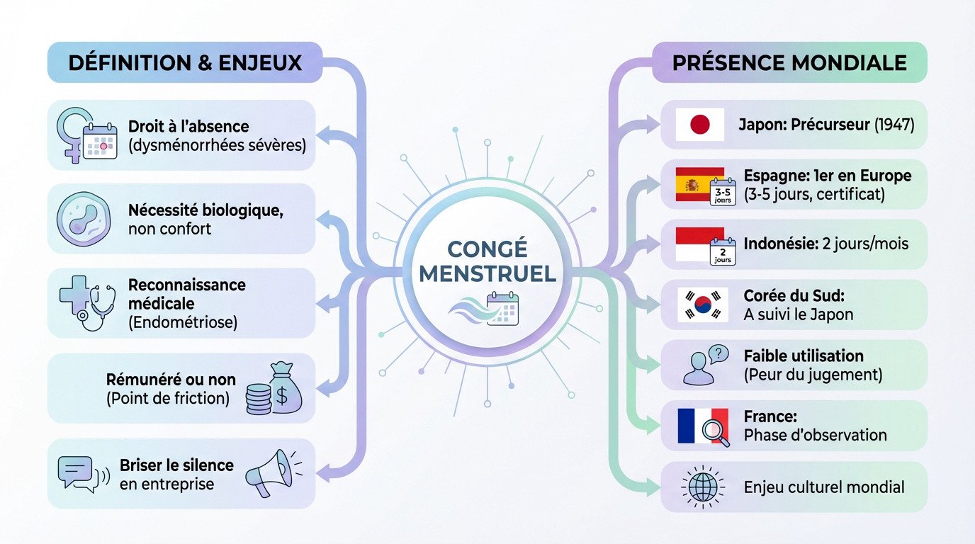 Carte du monde illustrant les pays ayant adopté le congé menstruel et définition du dispositif