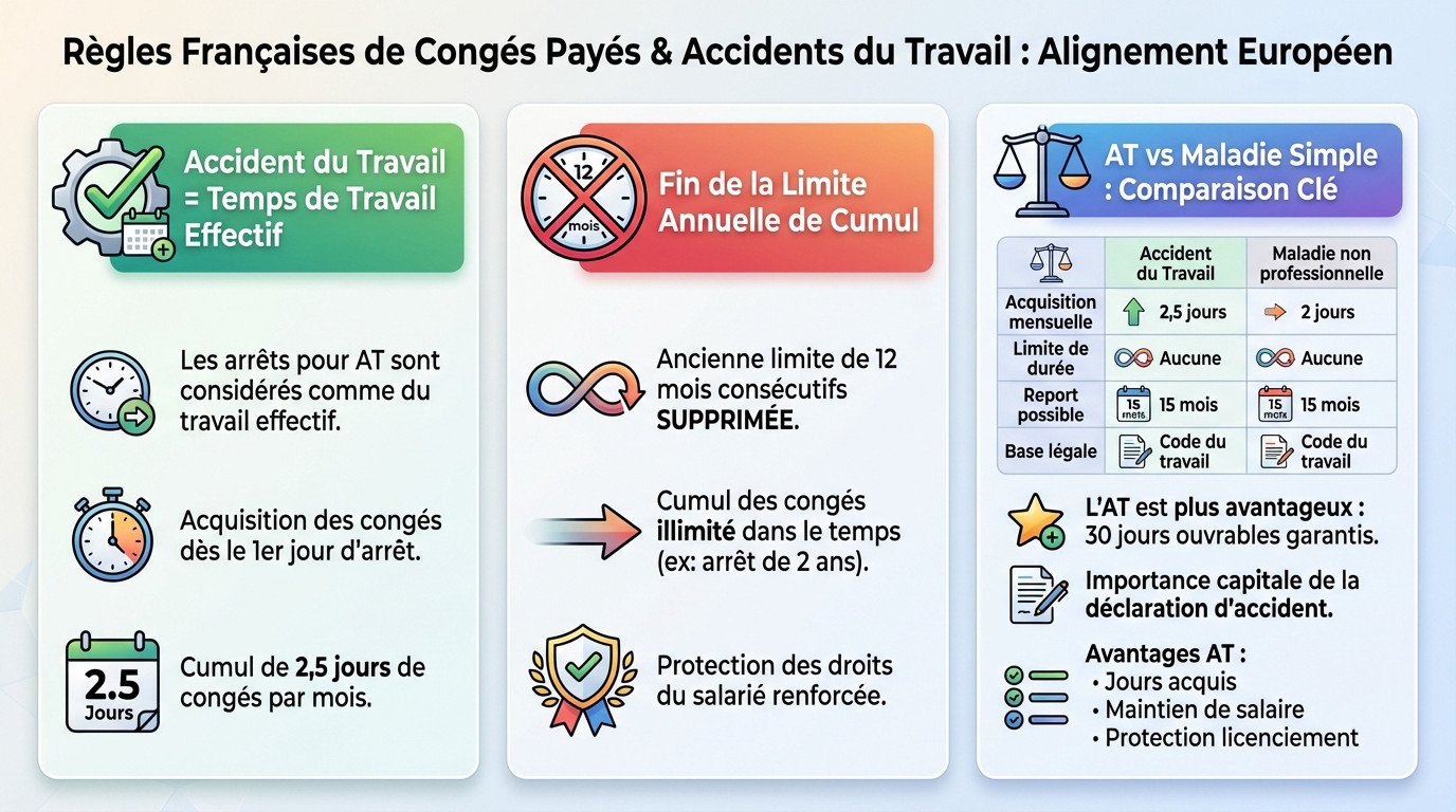 Comparaison des droits aux congés payés entre accident du travail et maladie ordinaire en France