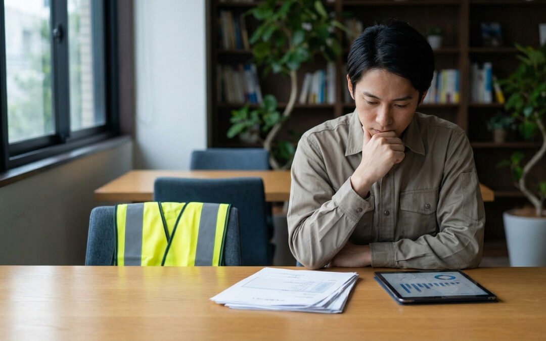 A construction professional thoughtfully reviews documents and a tablet displaying financial data at a wooden table, with a safety vest nearby.