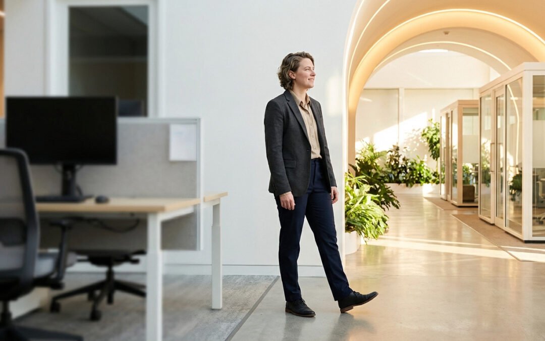 Gender-neutral person in business attire steps from a blurred office desk towards a bright, modern professional path with plants and glass offices, looking hopeful.