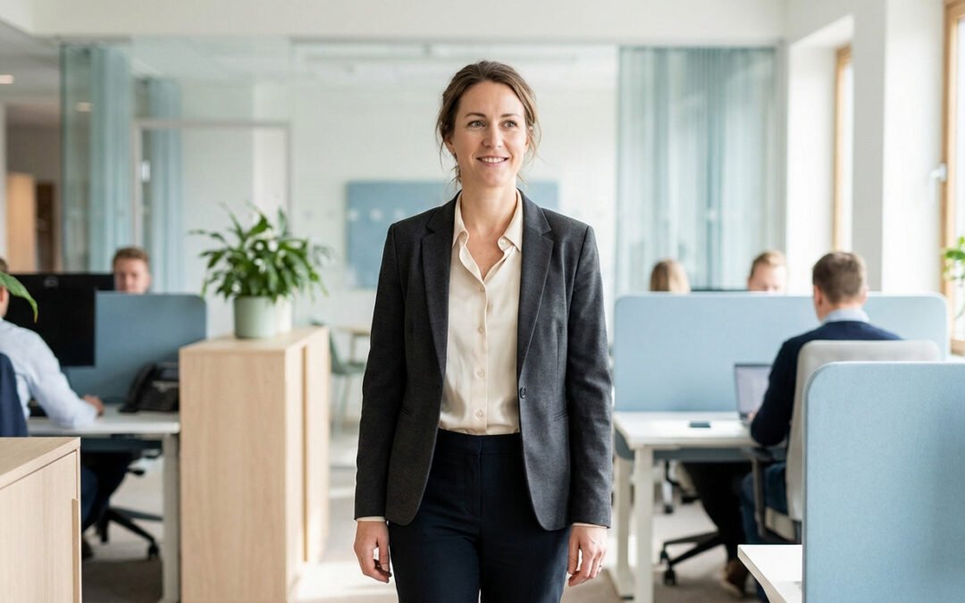 Confident woman in business casual stands in a bright, modern open-plan office with blurred colleagues and plants.