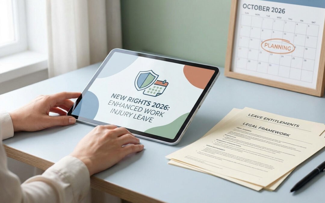 Hands on tablet displaying 'New Rights 2026: Enhanced Work Injury Leave'. Desk has legal documents, pen, and a 2026 calendar.