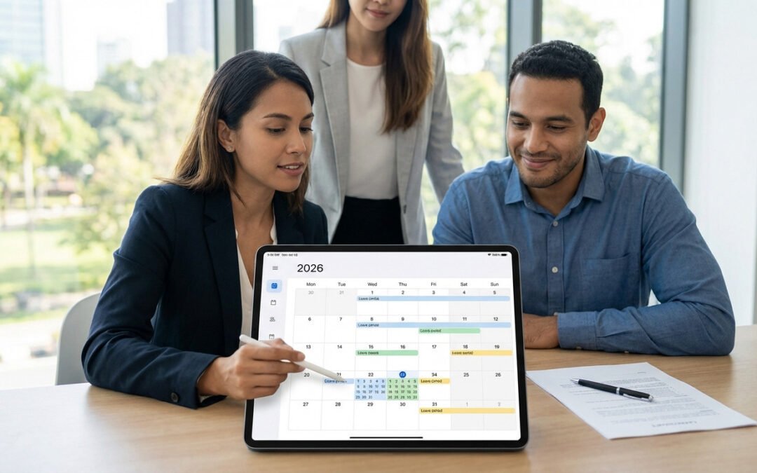 Three professionals collaboratively plan 2026 holiday schedules on a digital calendar displayed on a tablet in a bright, modern office.