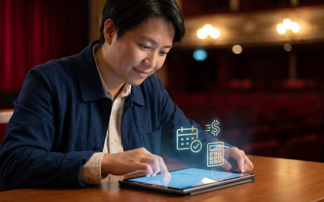 Personne calme gérant congés spectacle sur tablette, icônes de calendrier, calcul et droits. Fond de théâtre rouge flou.