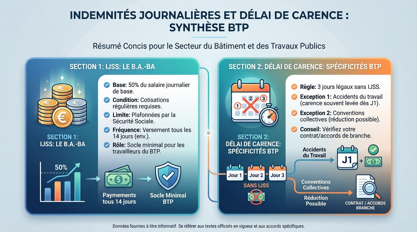 Synthèse sur le calcul des indemnités journalières et l'impact du délai de carence dans le BTP
