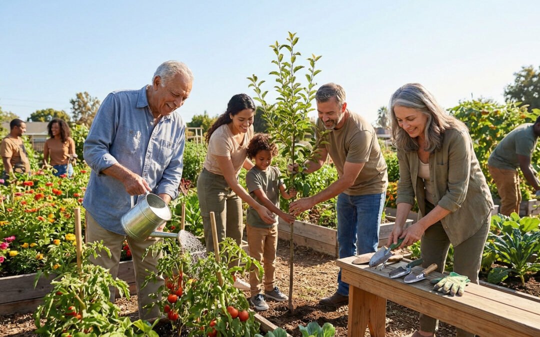 Diverse people of all ages happily garden in a sunny community garden. An older man waters, a family plants a tree, a woman sorts tools.