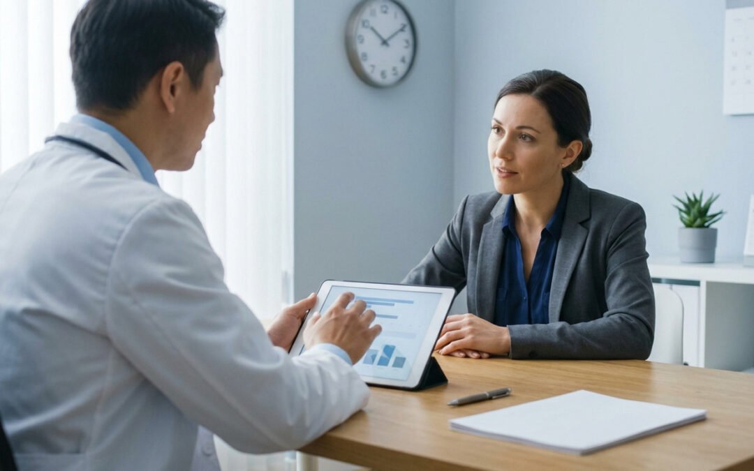 Medical professional in lab coat shows data on tablet to a woman in business attire during a consultation.