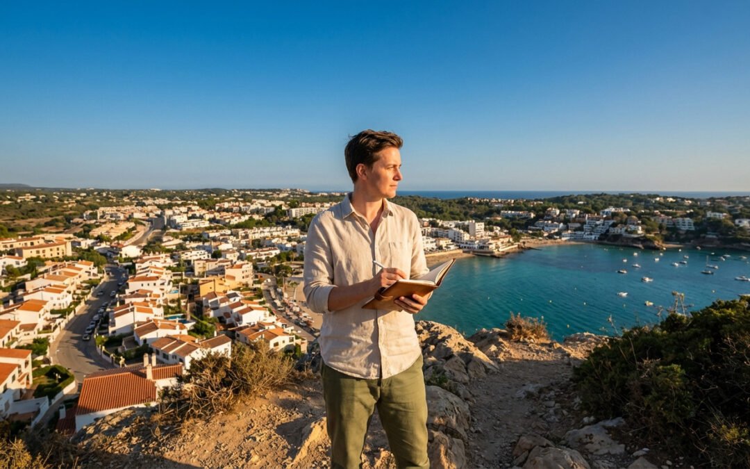 Man on cliff overlooking Mediterranean town, holding journal during golden hour. Clear blue sky, turquoise sea.