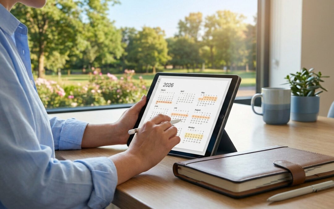 Close-up of hands using a stylus on a tablet displaying a 2026 calendar with highlighted leave, sunny park in background.