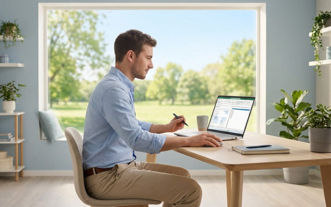 Young man plans on laptop at modern desk by window overlooking sunny park, symbolizing organized work and future leisure.