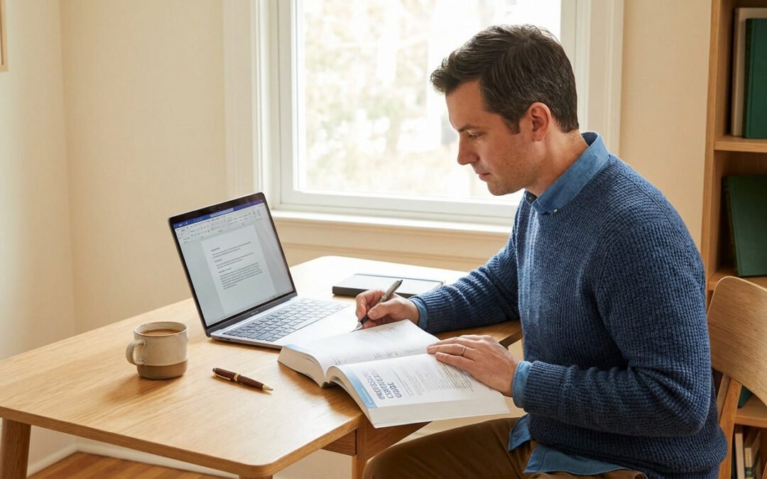 Man in blue sweater studying intently at a wooden desk with a textbook, laptop, pen, and coffee. Serene home office.