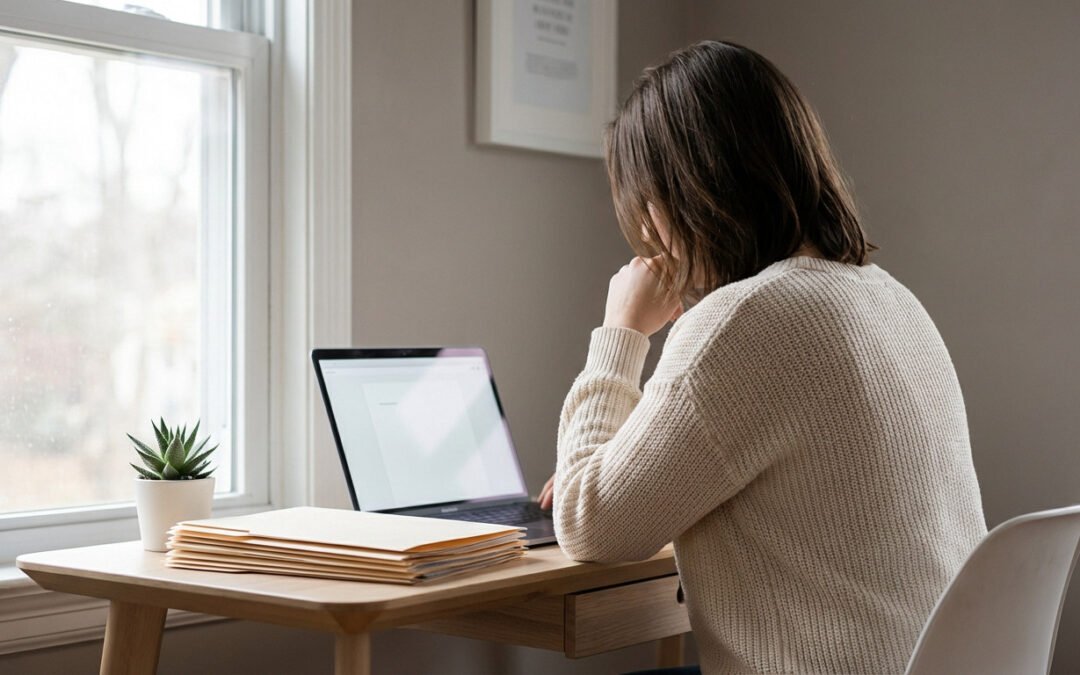 Indivíduo em escritório doméstico, suéter creme, focado em laptop. Mesa com documentos e planta. Luz natural da janela.
