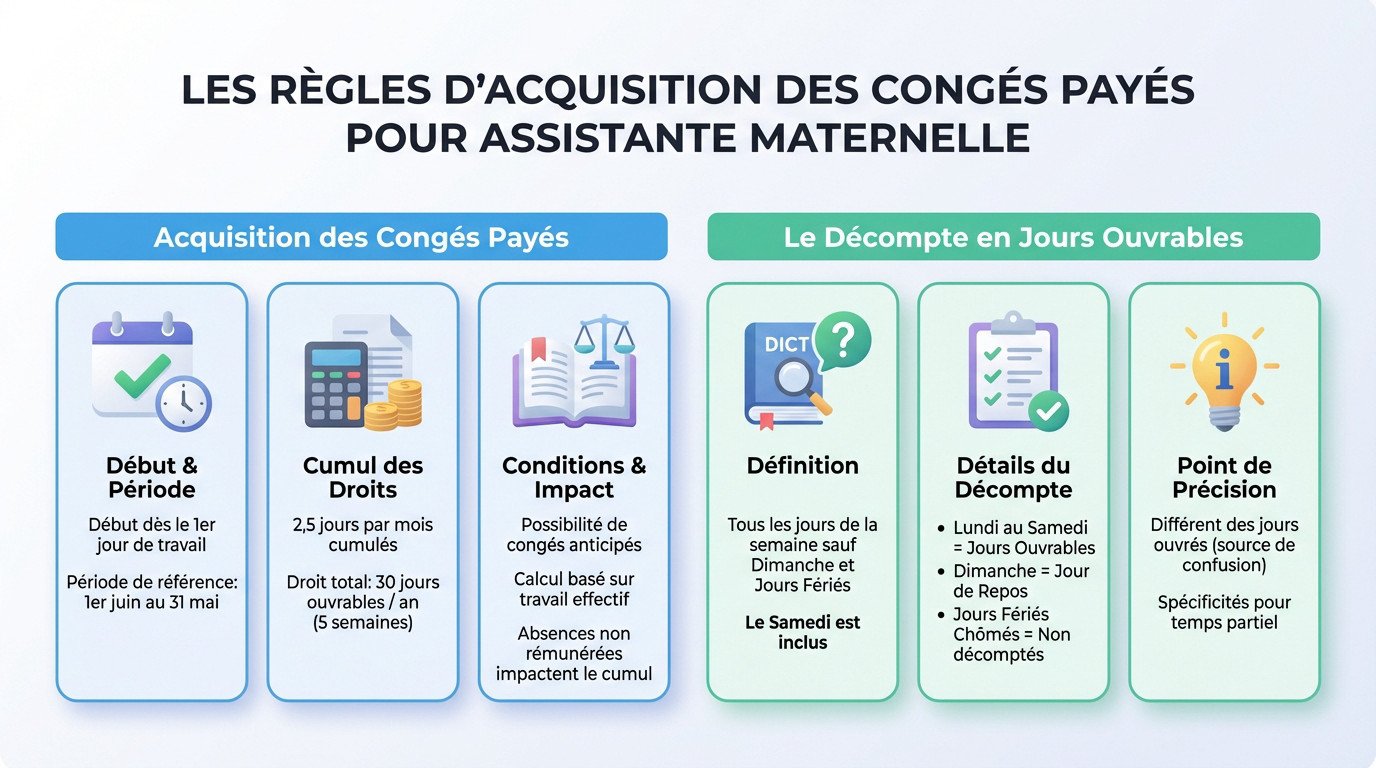 Règles d'acquisition des congés payés pour assistante maternelle : période de référence et calcul des jours ouvrables
