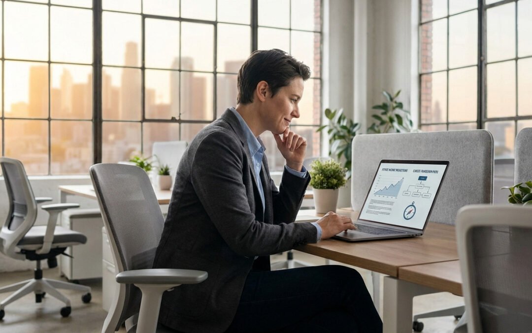 A professional reviews financial charts and career data on a laptop in a modern office with a city skyline at dawn.