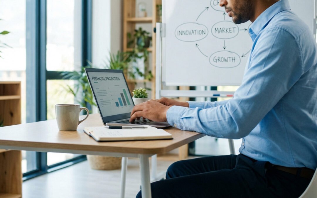 Person typing on laptop showing financial projections. Whiteboard with business strategy keywords like 'Innovation' and 'Growth' in a modern office.