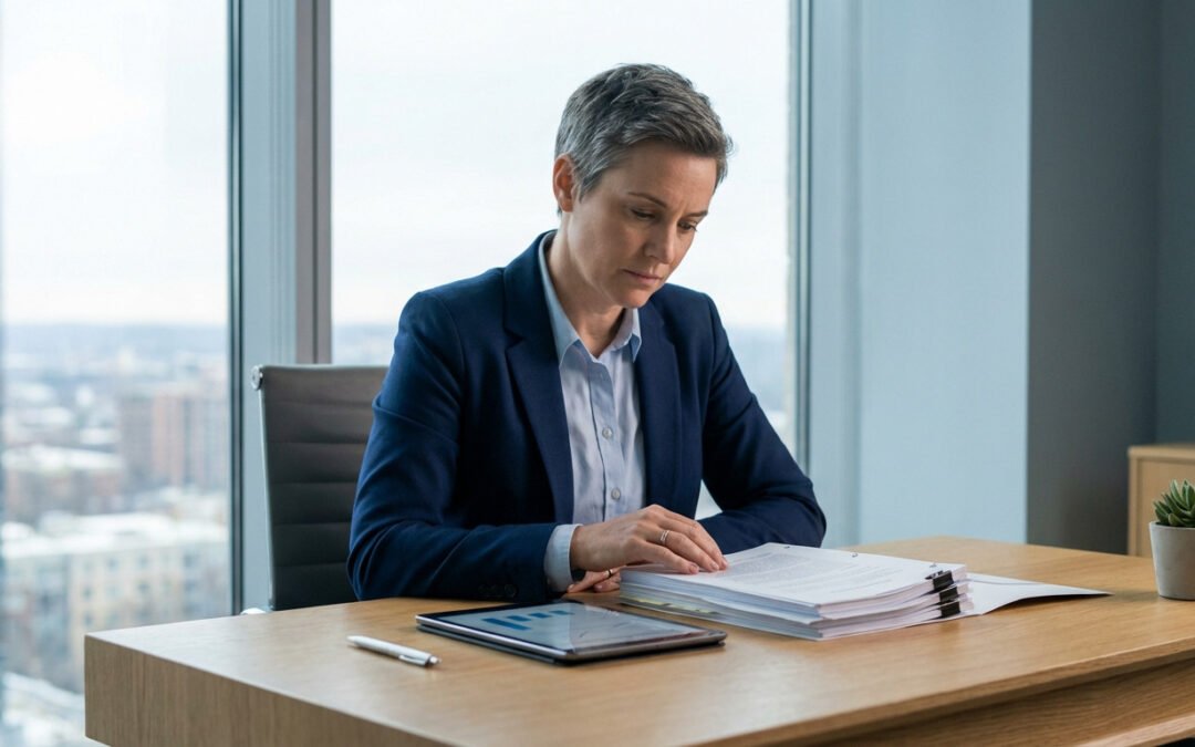 Professional woman in blue blazer reviews documents at a modern office desk with a tablet, plant, and city skyline view.