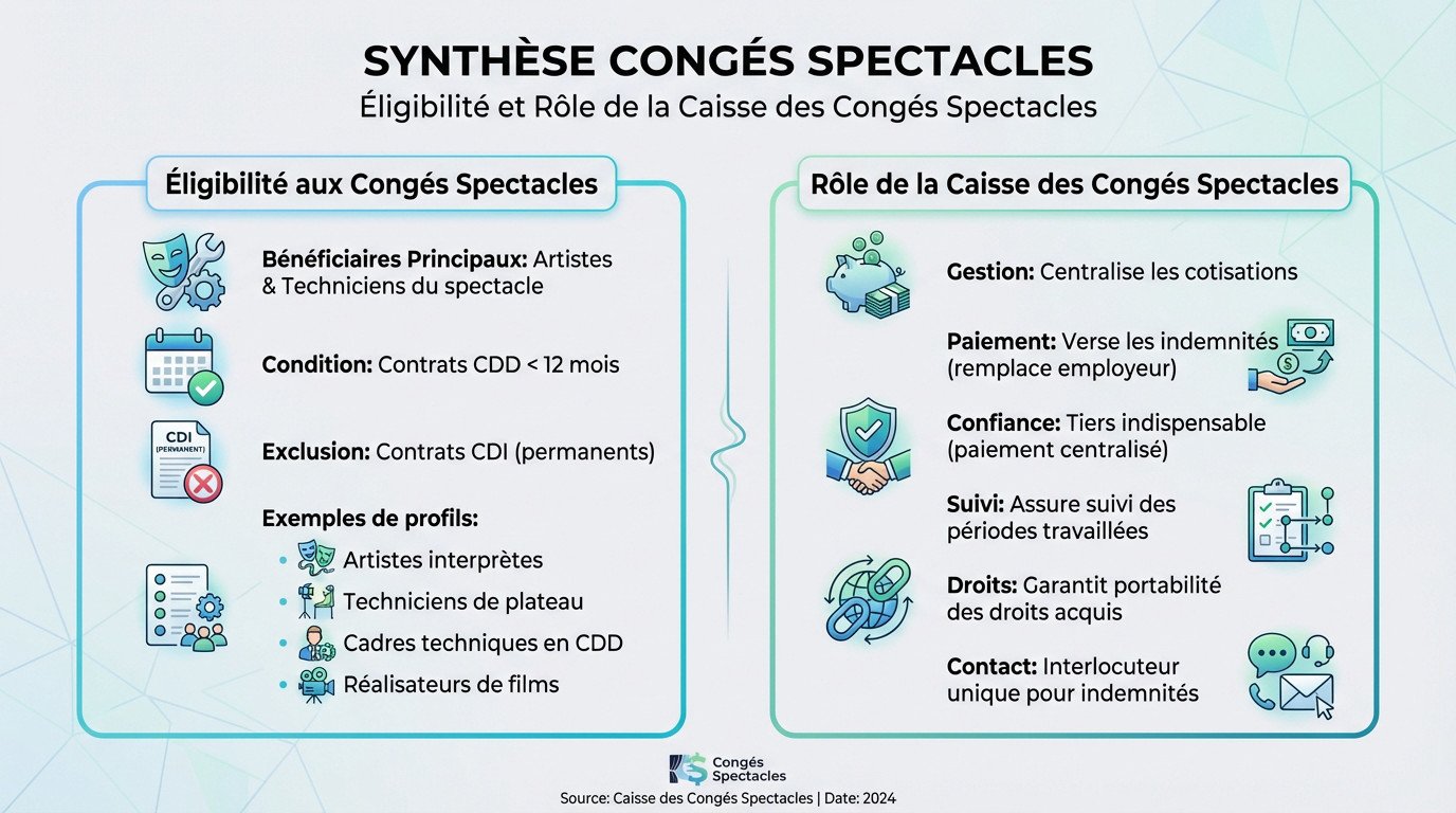 Synthèse visuelle sur l'éligibilité aux congés spectacles et le rôle centralisateur de la caisse